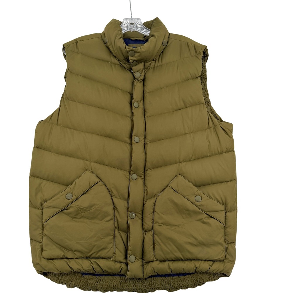 Gap Puffer Vest Olive Green Down Filled Quilted Snap Front Stowaway Hood Large
